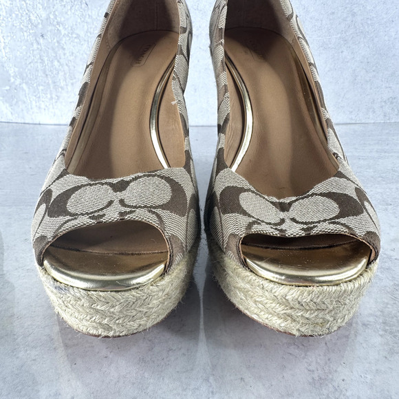 Coach Milan Platform Women's 10 B Brown Wedge Heel Peep Toe Signature Logo - Picture 2 of 10